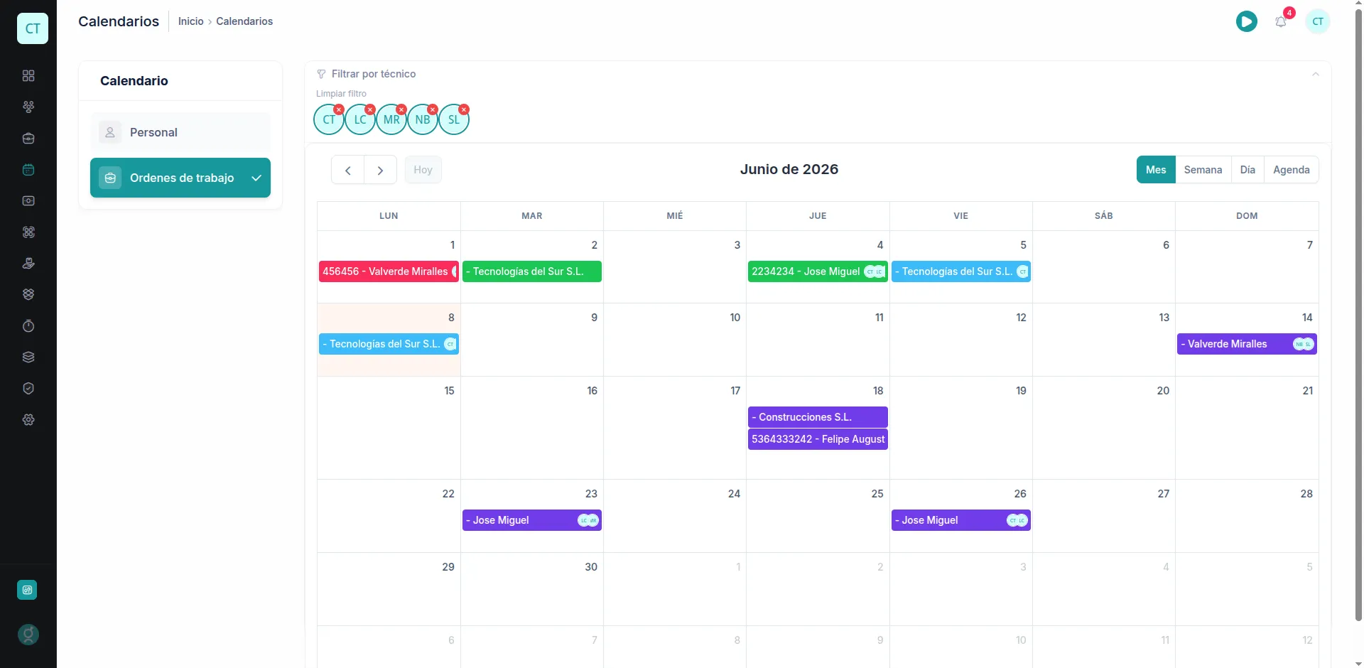 Calendario de órdenes de trabajo en Rapidgest
